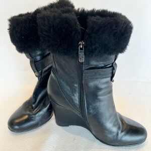 Women’s full fur-lined winter boots, leather upper wedges, size 9